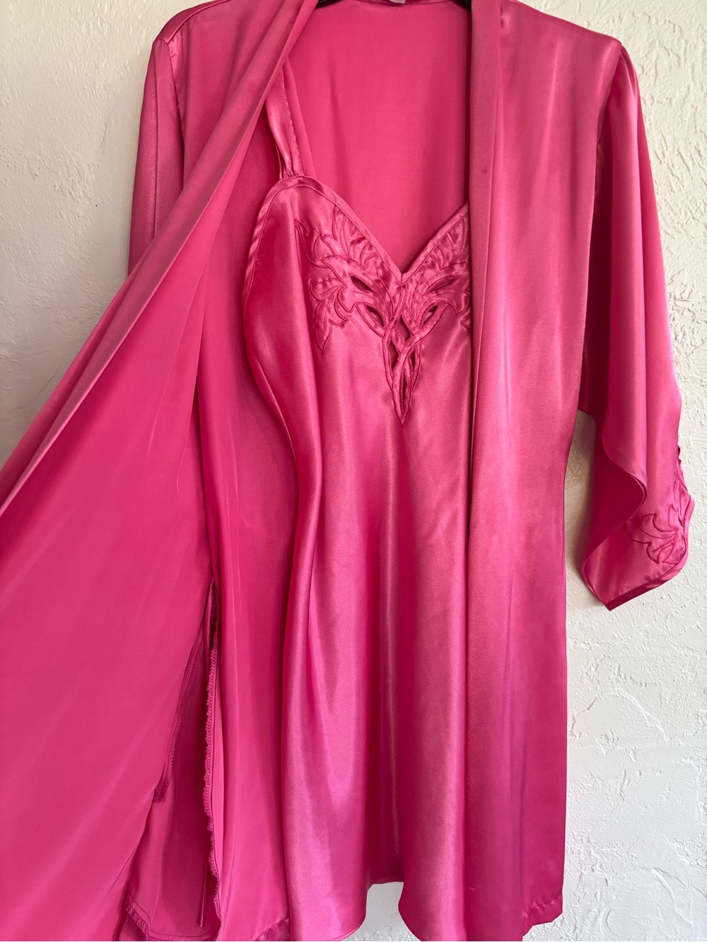 Vintage Josie Hot Pink Satin Robe Nightgown Set Small Barbiecore Glam